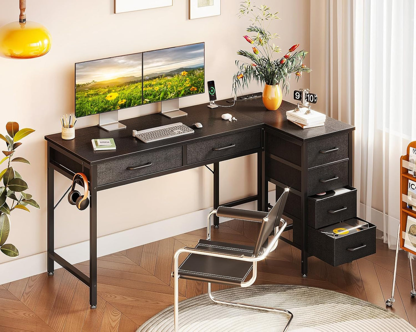 50 Inch L Shaped Desk with Drawers, Computer Desk with Power Outlets, Home Office Desk with 6 Drawers, Reversible Corner Desk for Small Space, Study Work Table with Hook, Black