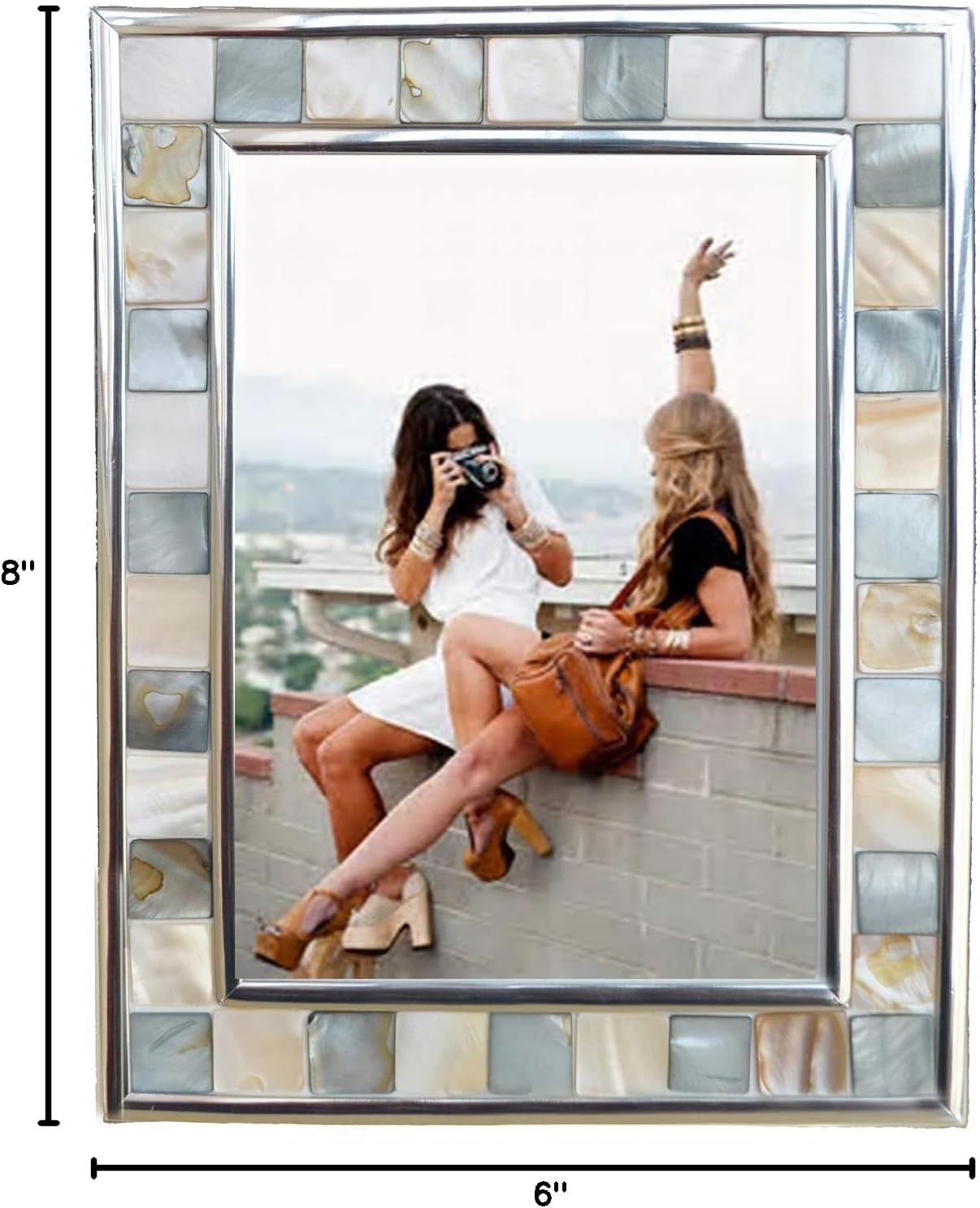 Silver Plate Grey Picture Frame 6X8 Mother of Pearl Wall Frame 6By8 Wedding Photo Frame Mosaic Glass Tabletop Picture Frame (Grey+ White,1Pc)