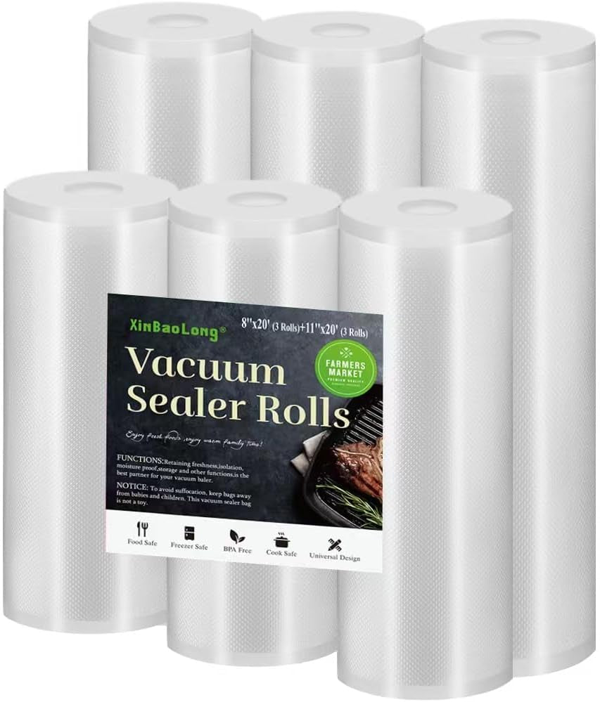 Vacuum Sealer Bags for Food, 6 Pack 3 Rolls11"X20' +3 Rolls 8"X20' Commercial Grade BPA Free Bag Rolls, Durable Customized Size Food Vac Bags for Storage and Sous Vide Cooking,Puncture Prevention