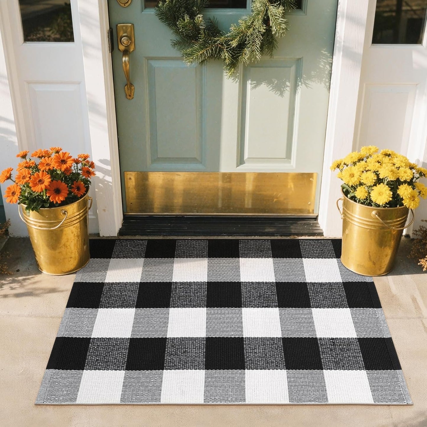 Buffalo Plaid Front Porch Rug, Small Black White 2X3 Outdoor Door Mat, Washable Woven Checkered Entryway Rugs, Welcome Layered Doormats for Farmhouse Kitchen/Bathroom/Patio