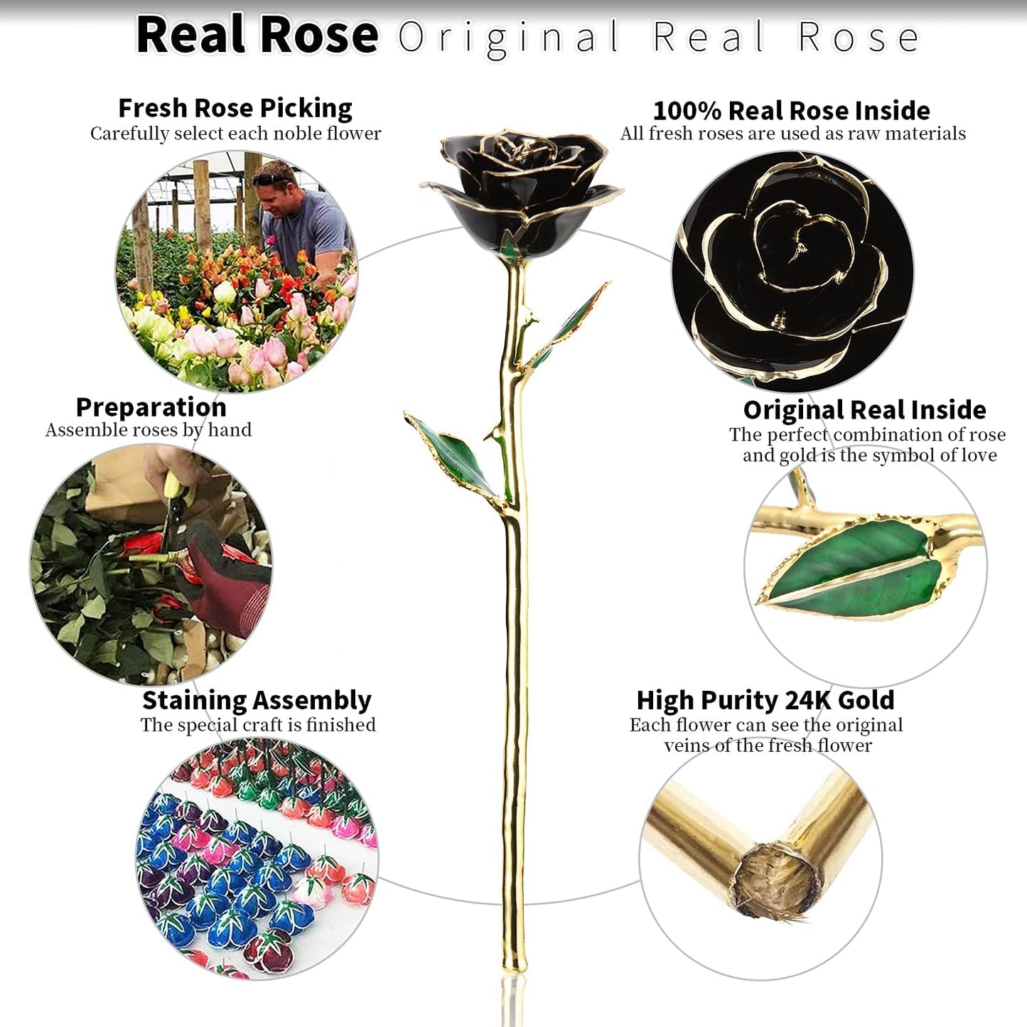 Gold Real Rose, Gold Dipped Rose Made from Real Rose Best Gifts for Her and Great Gifts for Girlfriend, Black with Stand