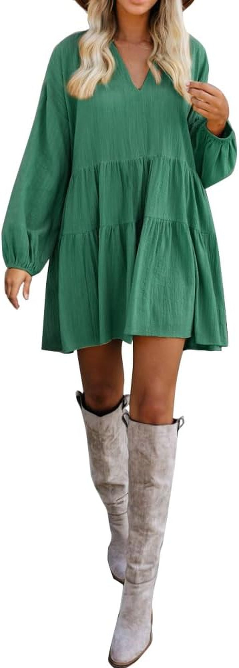 Cute Shift Tunic Dress for Women Ruffle Swing Babydoll Mini Long Sleevee Dress with Pockets