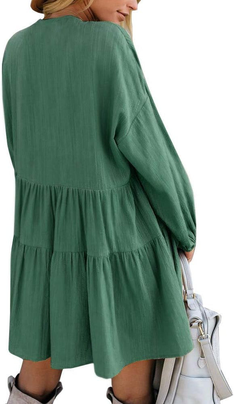 Cute Shift Tunic Dress for Women Ruffle Swing Babydoll Mini Long Sleevee Dress with Pockets