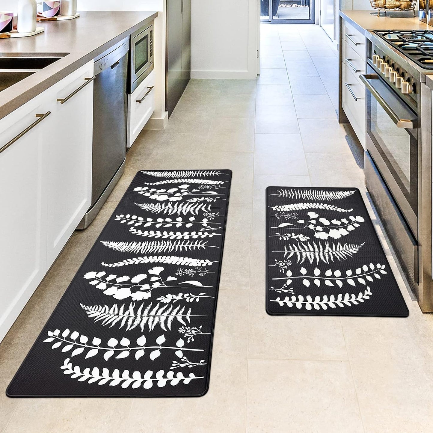 Kitchen Mats for Floor Kitchen Rugs Set Waterproof Cushioned anti Fatigue Non Slip Kitchen Mat Kitchen Sink Mats for Floor, Laundry, Bathroom, Office,17"X47"+17"X29", Black and White