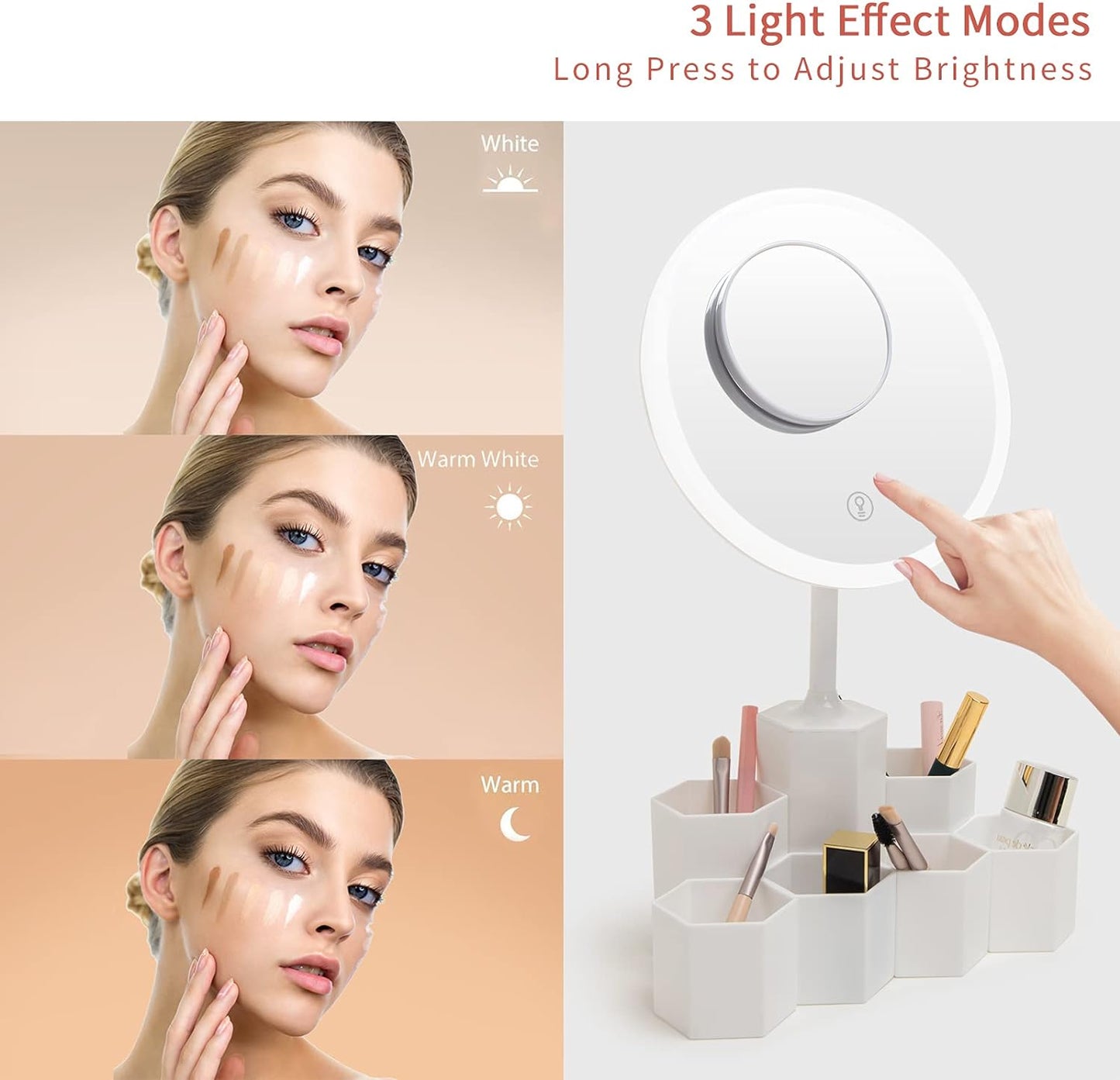 Lighted Table Makeup Mirror with LED Lights, Portable Vanity Desk Mirror with 10X Magnifying,Rechargeable Smart Cosmetic Mirror,White
