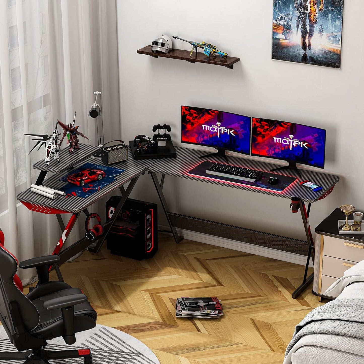L Shaped Gaming Desk, 66 Inch Gaming Table with Carbon Fiber Texture, Corner Gaming Desk with Monitor Shelf, Cup Holder & Headphone Hook, PC Computer Desk for Gamer, Black
