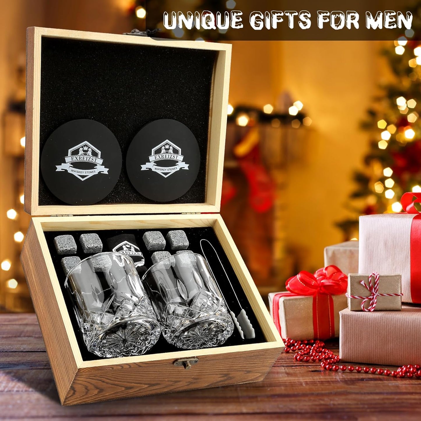 Whiskey Stones Gift Set - Whiskey Glass Set of 2 - Granite Chilling Whiskey Rocks - Scotch Bourbon Box Set -Father'S Day Birthday Gifts for Men Drinking Gift for Dad Him Husband Party Holiday Present
