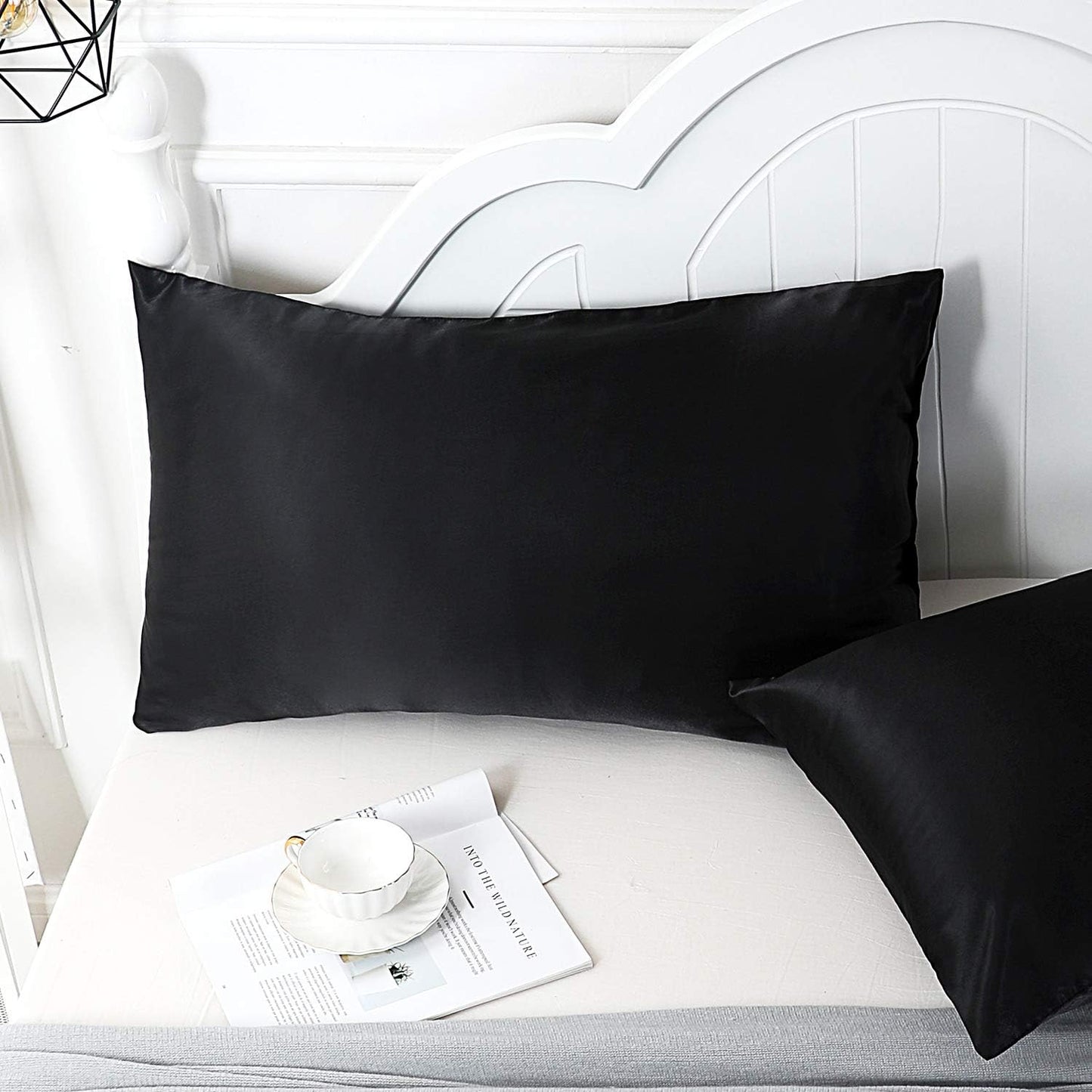 Satin Pillowcase for Hair and Skin, Silk Pillowcase 2 Pack Standard Size with Envelop Closure, Gifts for Women Men (Black, 20”X26”,2Pcs)