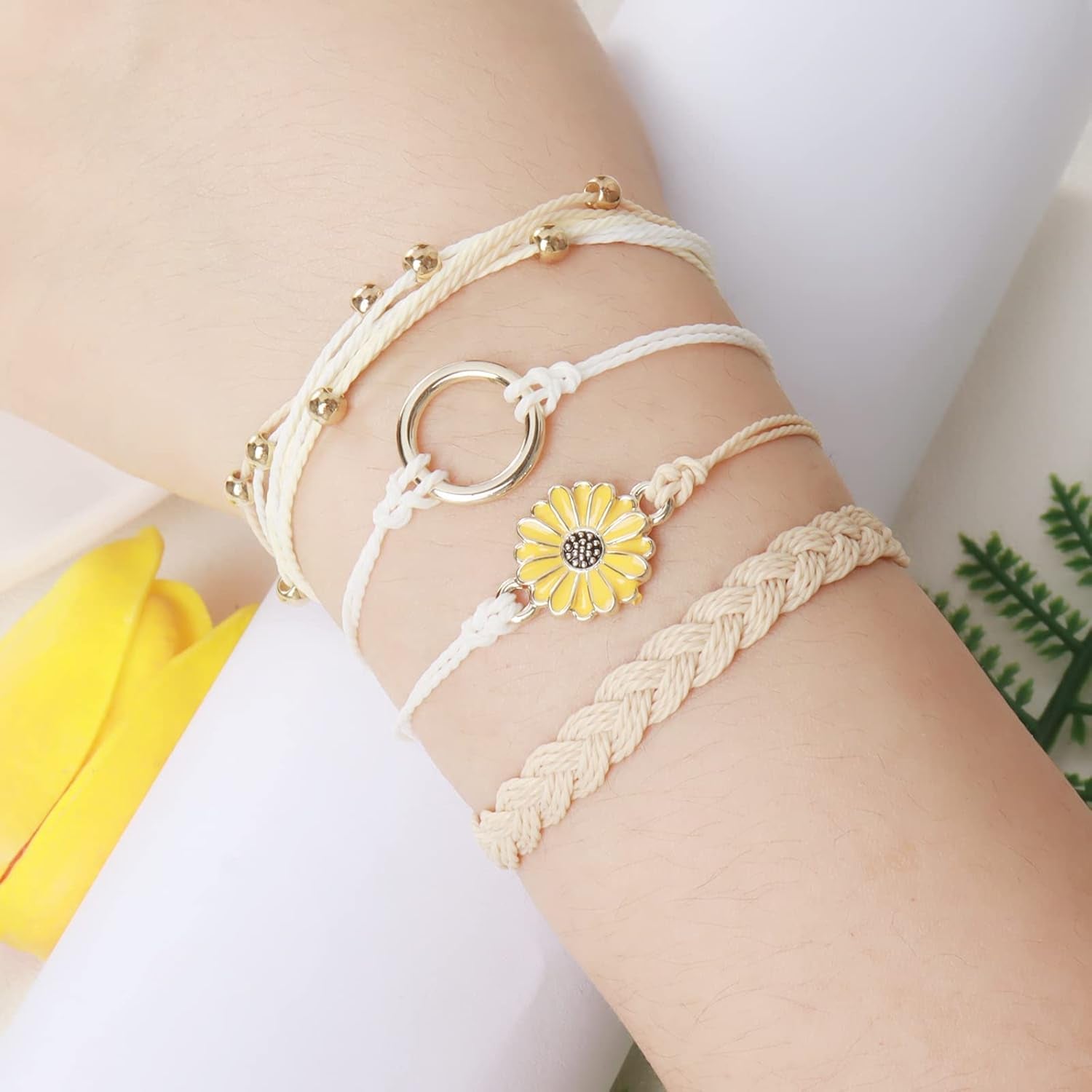 Friendship Bracelets for Women Sunflower Surfer Wave Blue Bracelet Adjustable String Anklet Beaded Stack Trendy Summer Jewelry for Women Birthday Gifts for Her Teen