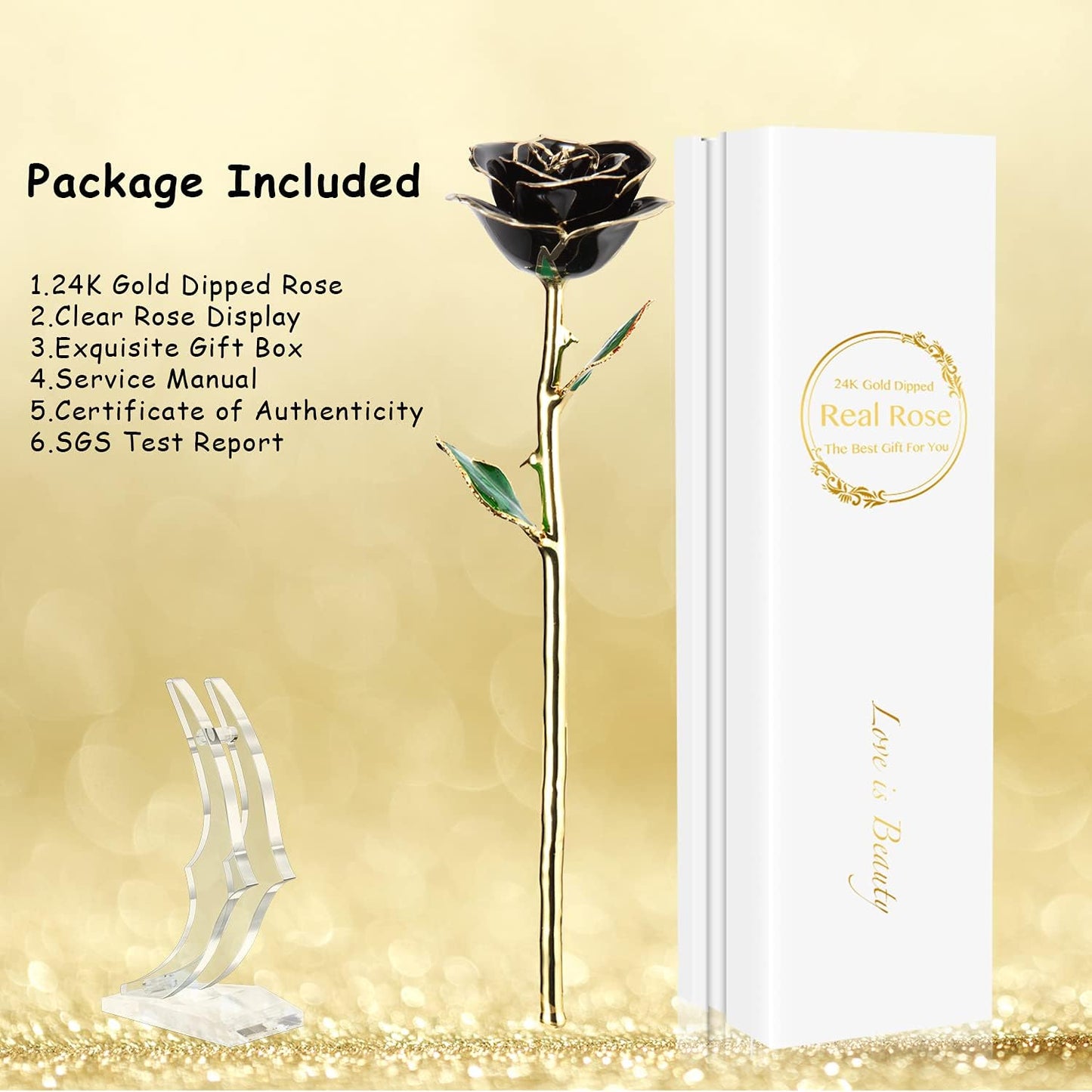 Gold Real Rose, Gold Dipped Rose Made from Real Rose Best Gifts for Her and Great Gifts for Girlfriend, Black with Stand