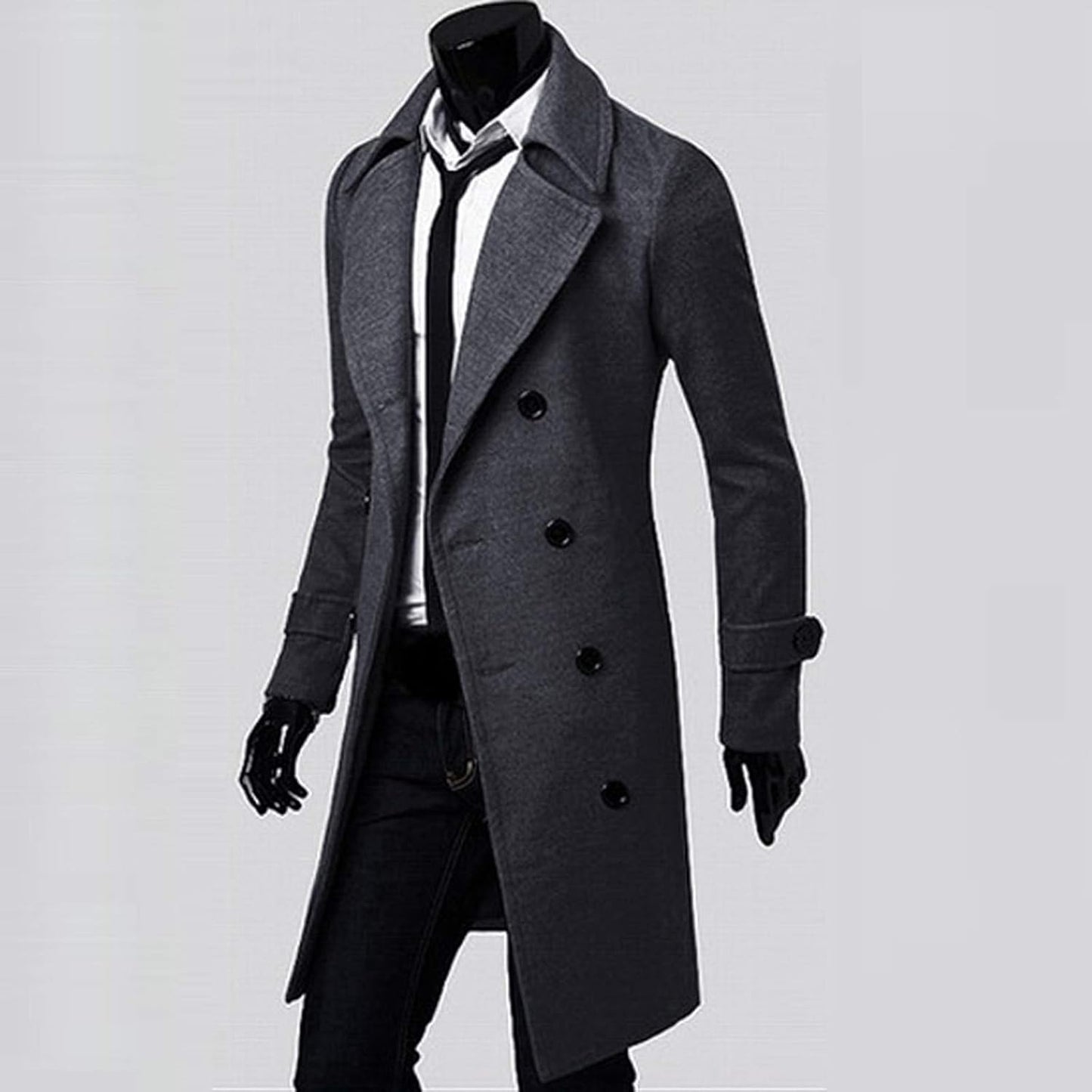 Men'S Woolen Trench Coat Premium Double Breasted Slim Fit Winter Overcoat Long Jacket Business Pea Jacket Coat Gray
