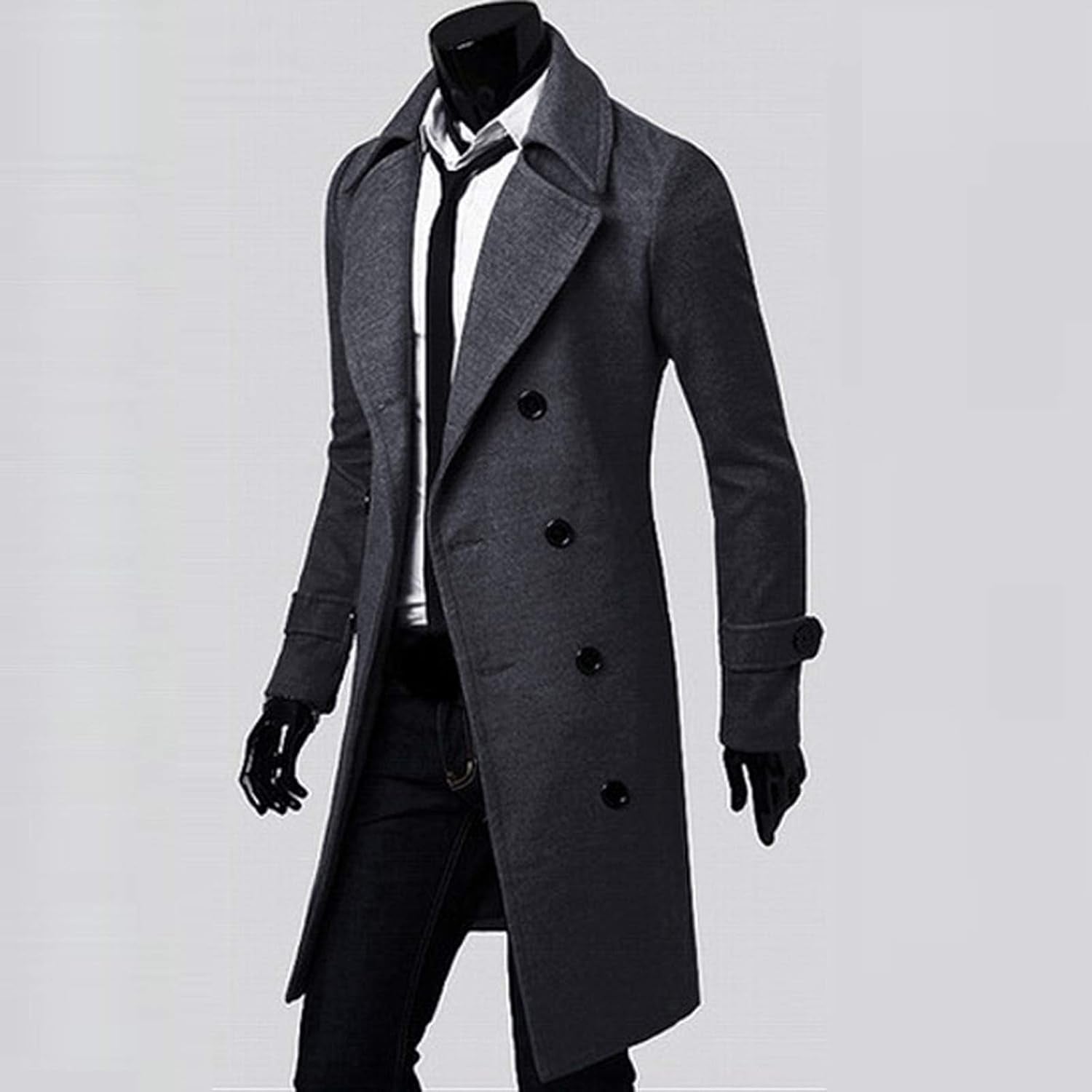 Men'S Woolen Trench Coat Premium Double Breasted Slim Fit Winter Overcoat Long Jacket Business Pea Jacket Coat Gray
