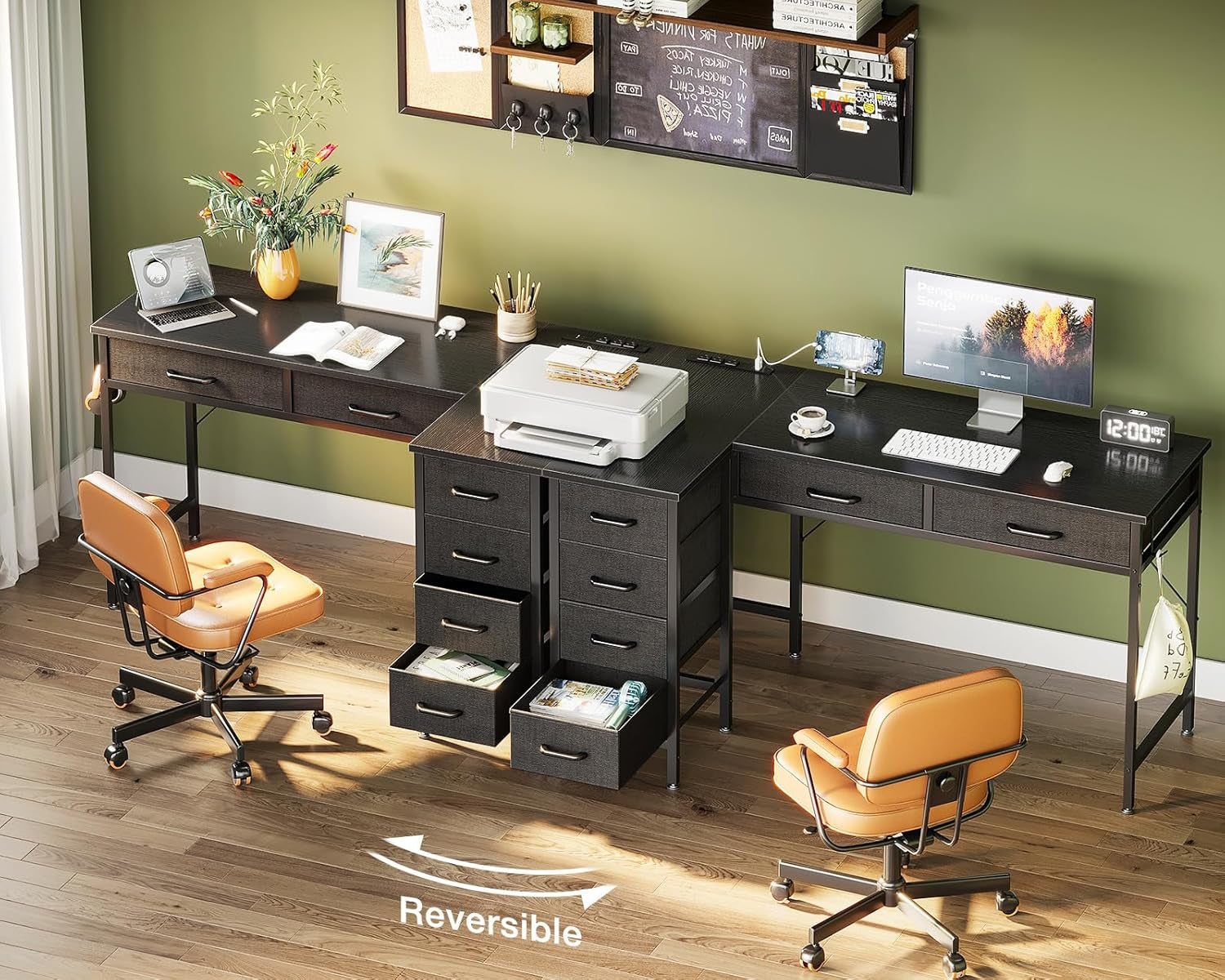50 Inch L Shaped Desk with Drawers, Computer Desk with Power Outlets, Home Office Desk with 6 Drawers, Reversible Corner Desk for Small Space, Study Work Table with Hook, Black
