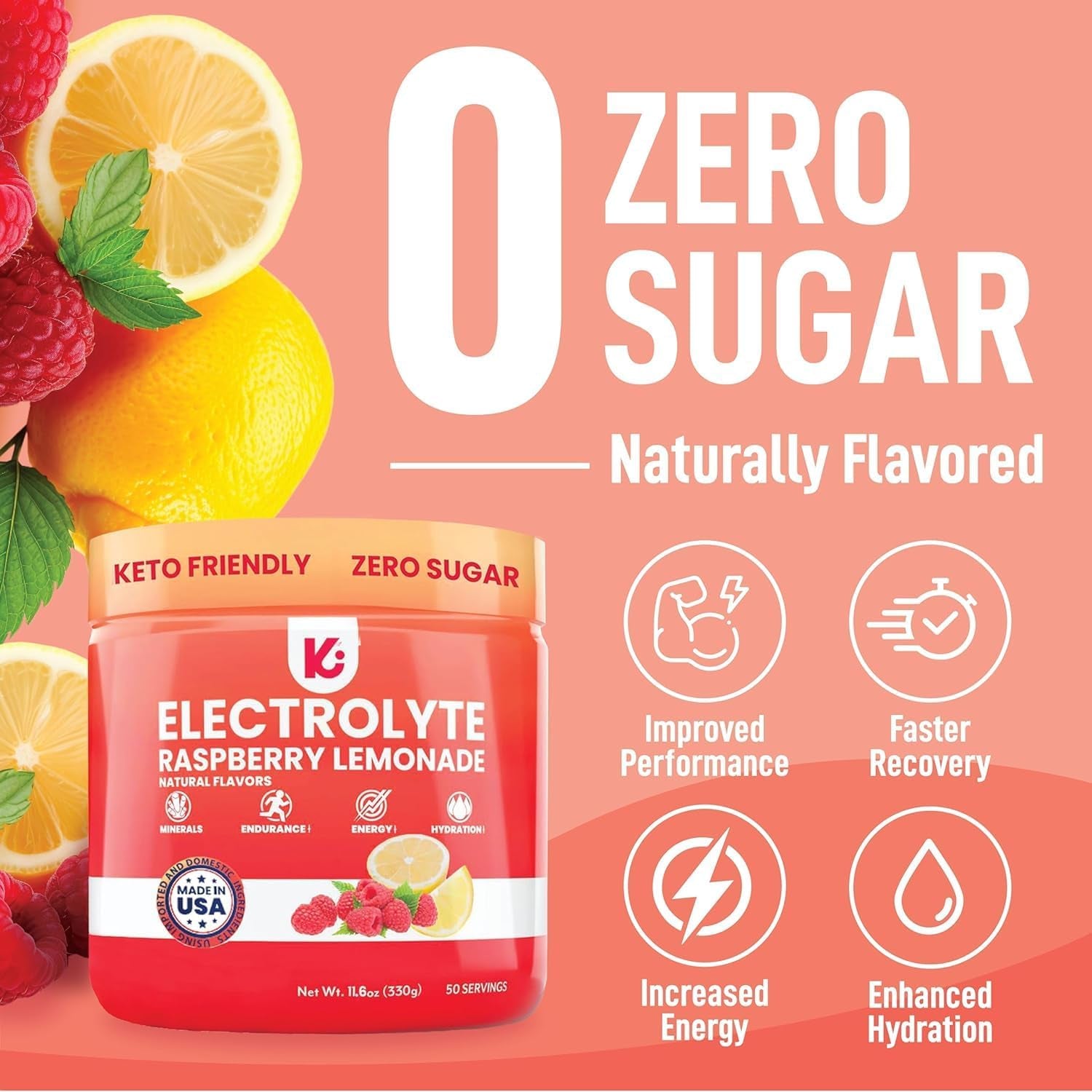 Electrolytes Powder – Raspberry Lemonade Flavor – No Sugar Hydration Supplement with Magnesium, Potassium, Sodium – 50 Servings – Keto, Vegan, Fasting-Friendly, Zero Calorie Electrolyte Drink