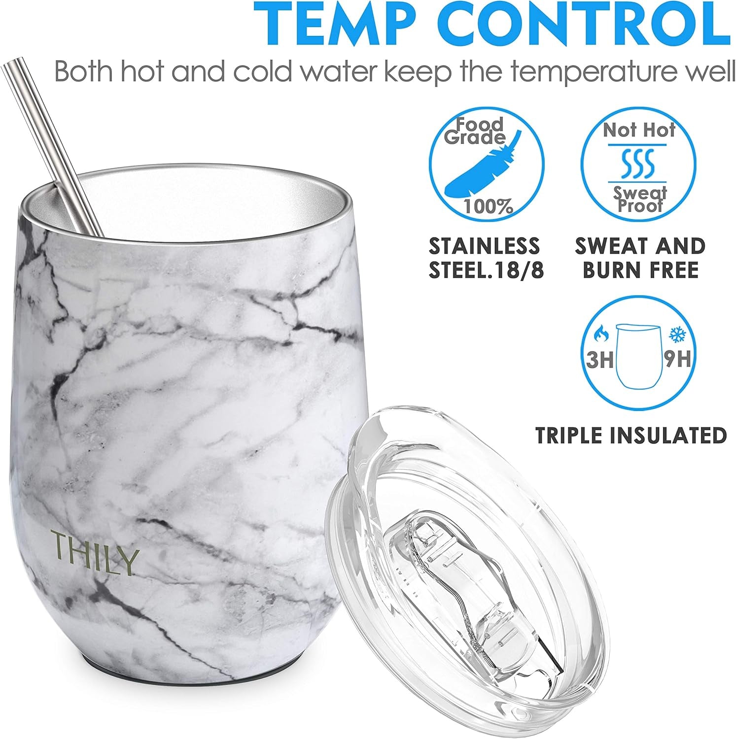 Stainless Steel Stemless Wine Tumbler 4 Pack Vacuum Insulated Travel Wine Glasses with Sliding Lids and Straws, 12 Oz, Keep Cold for Juice, Coffee, Beer, 4 Different Marbles Set