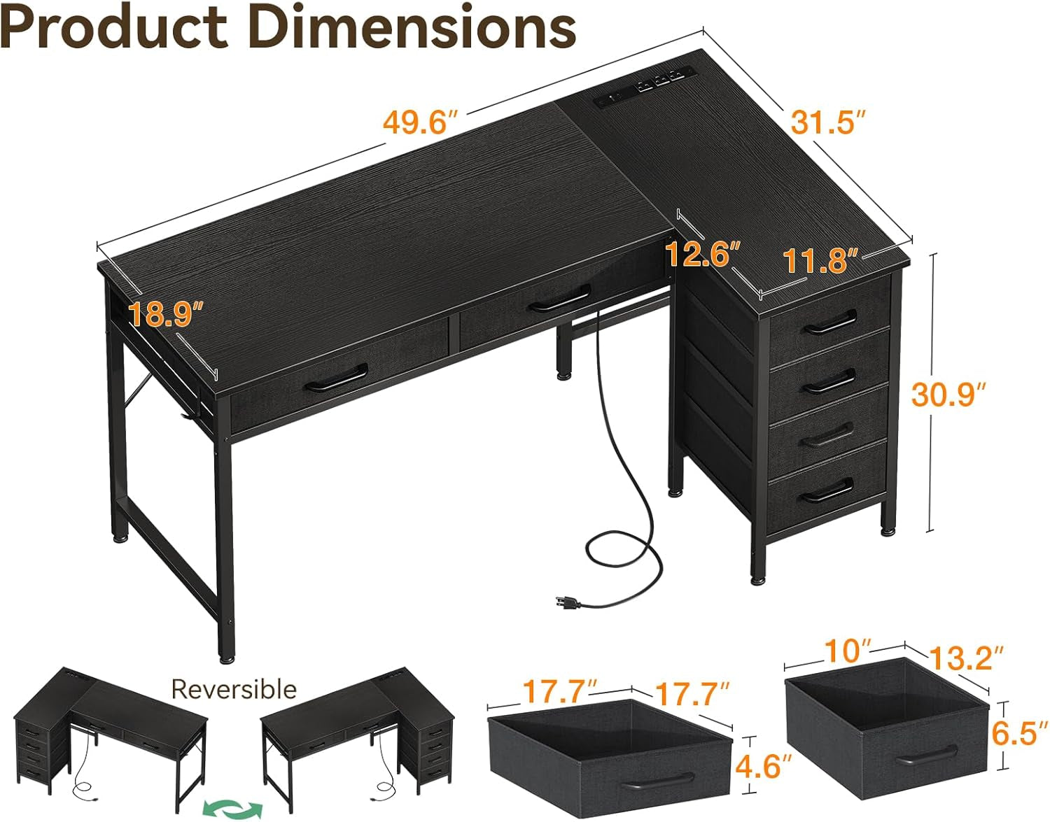 50 Inch L Shaped Desk with Drawers, Computer Desk with Power Outlets, Home Office Desk with 6 Drawers, Reversible Corner Desk for Small Space, Study Work Table with Hook, Black
