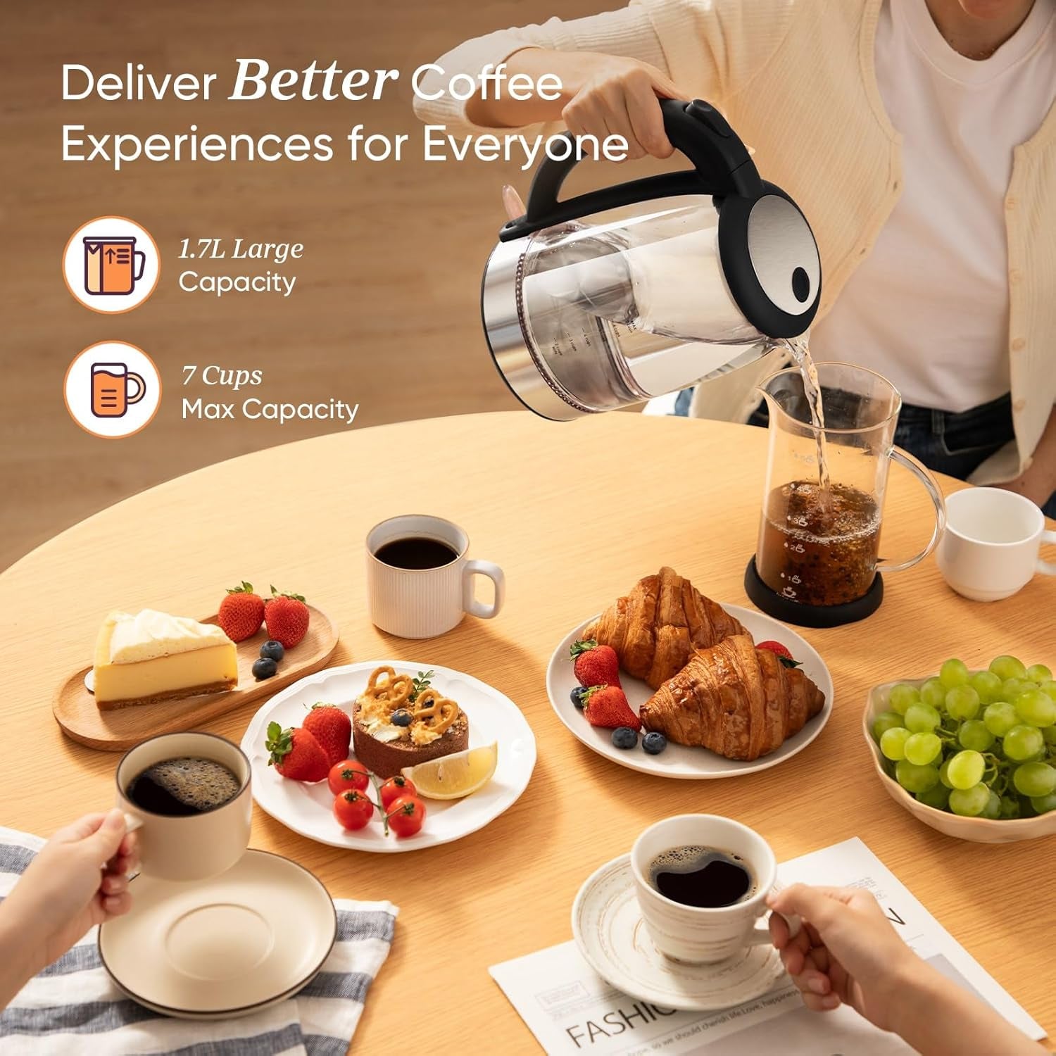 Electric Kettle, No Plastic Filter & Spout, 1.7L Tea Kettle & Hot Water Boiler for Coffee & Tea, Water Heater & Teapot, Automatic Shut Off, Borosilicate Glass, Black, 1500W