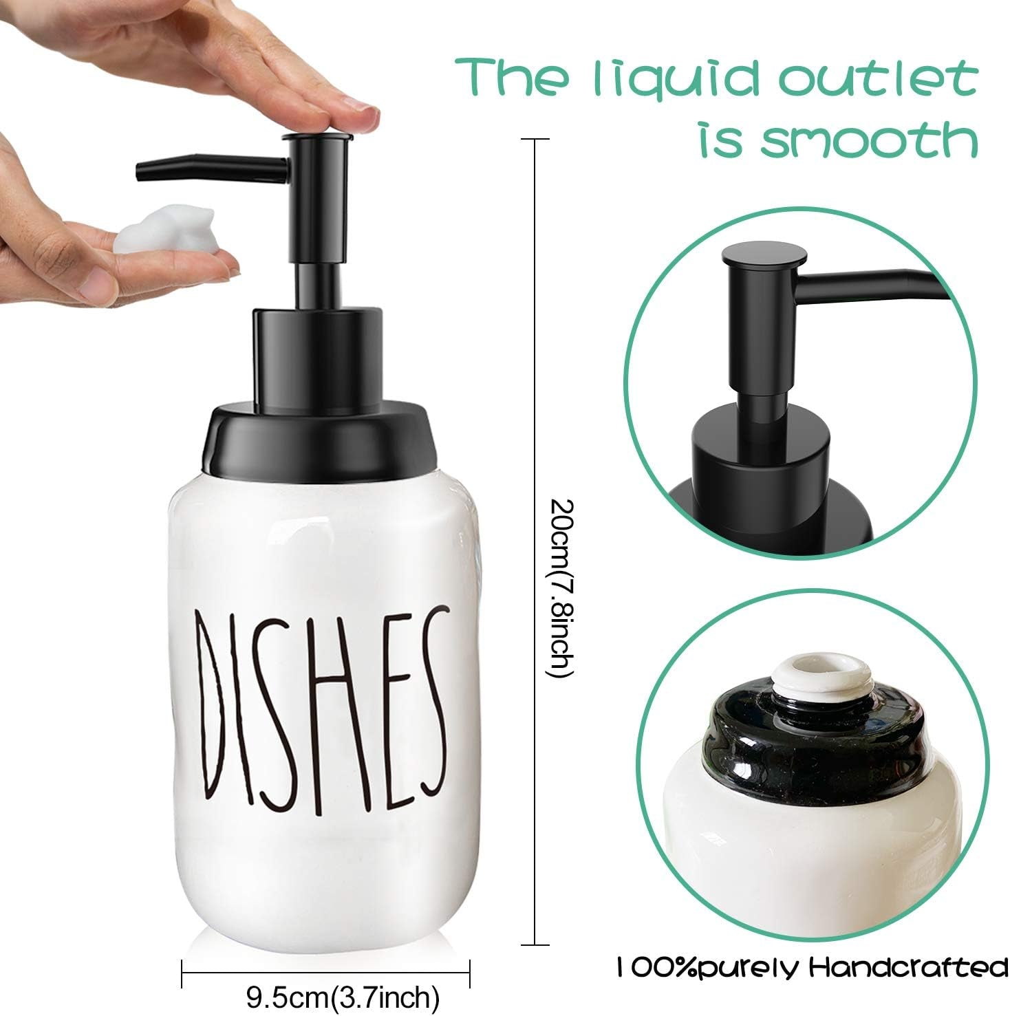 Soap Dispenser–Modern Farmhouse Style Ceramic Dishes Liquid Soap Dispenser–Perfect for Kitchen Counter Décor or Kitchen Sink-Bathroom Soap Dispenser–White Bottles with Black Pump and Lettering(14Oz)