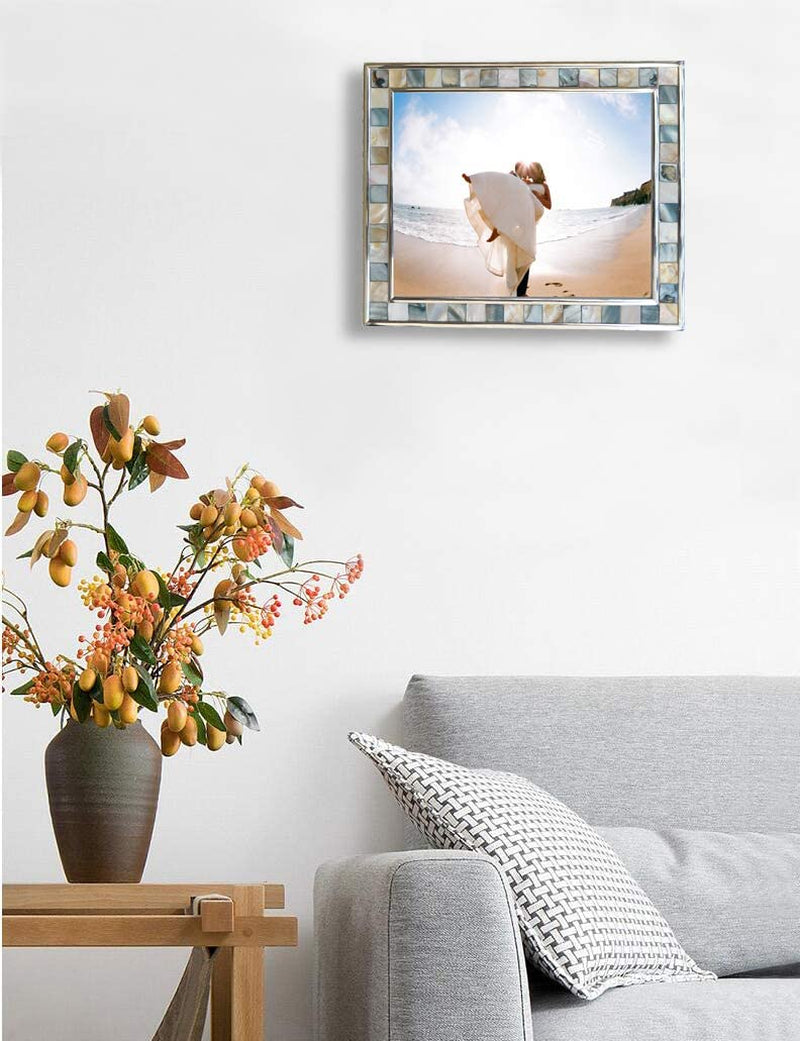 Silver Plate Grey Picture Frame 6X8 Mother of Pearl Wall Frame 6By8 Wedding Photo Frame Mosaic Glass Tabletop Picture Frame (Grey+ White,1Pc)