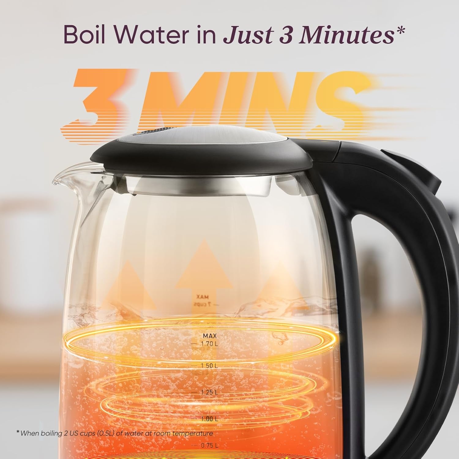Electric Kettle, No Plastic Filter & Spout, 1.7L Tea Kettle & Hot Water Boiler for Coffee & Tea, Water Heater & Teapot, Automatic Shut Off, Borosilicate Glass, Black, 1500W