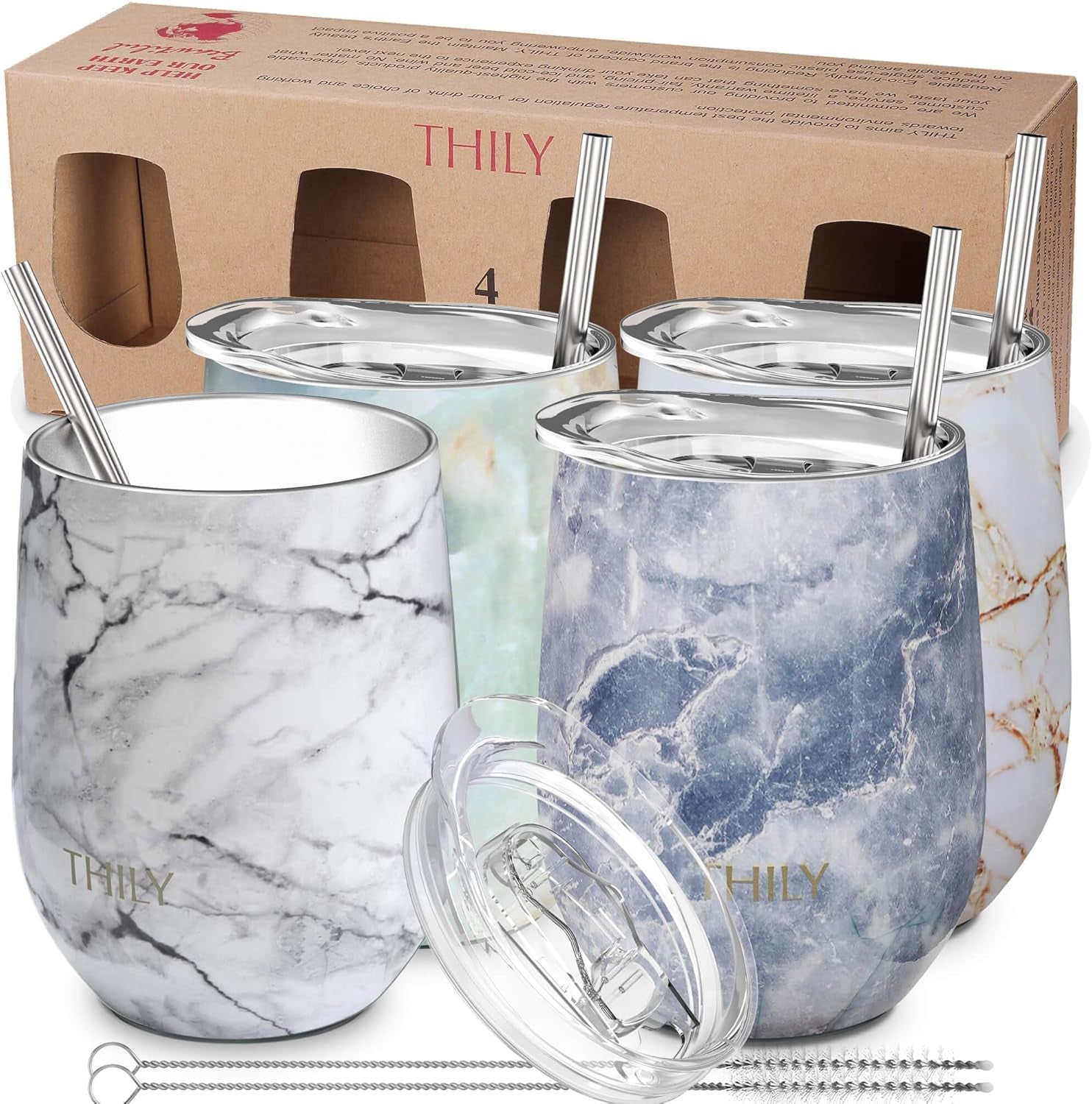 Stainless Steel Stemless Wine Tumbler 4 Pack Vacuum Insulated Travel Wine Glasses with Sliding Lids and Straws, 12 Oz, Keep Cold for Juice, Coffee, Beer, 4 Different Marbles Set