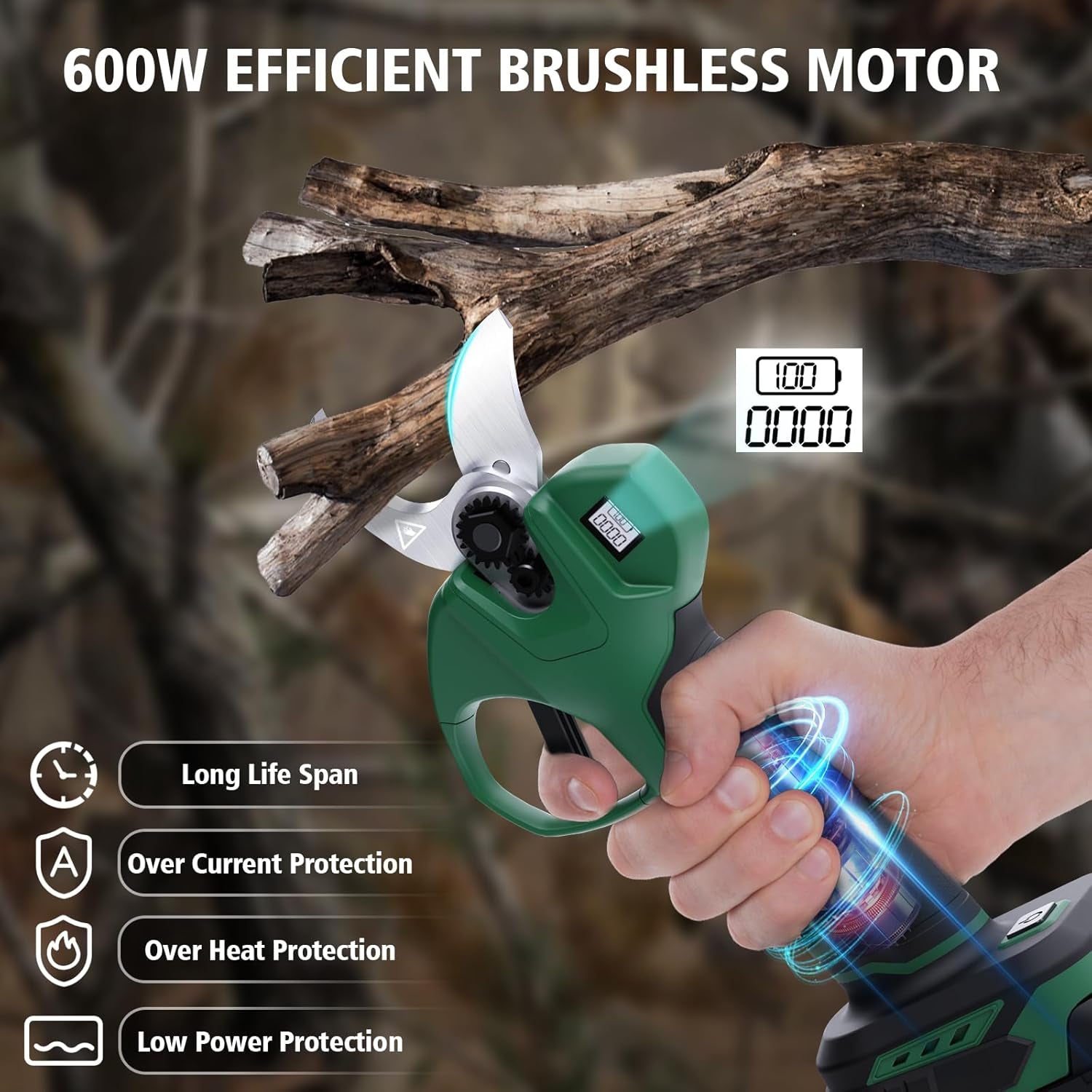Cordless Electric Pruning Shears with 2×21V 2000Mah Batteries & LED Display, 1.2" Rechargeable Garden Pruning Shears for Thick Branches, Professional Landscaping Tools