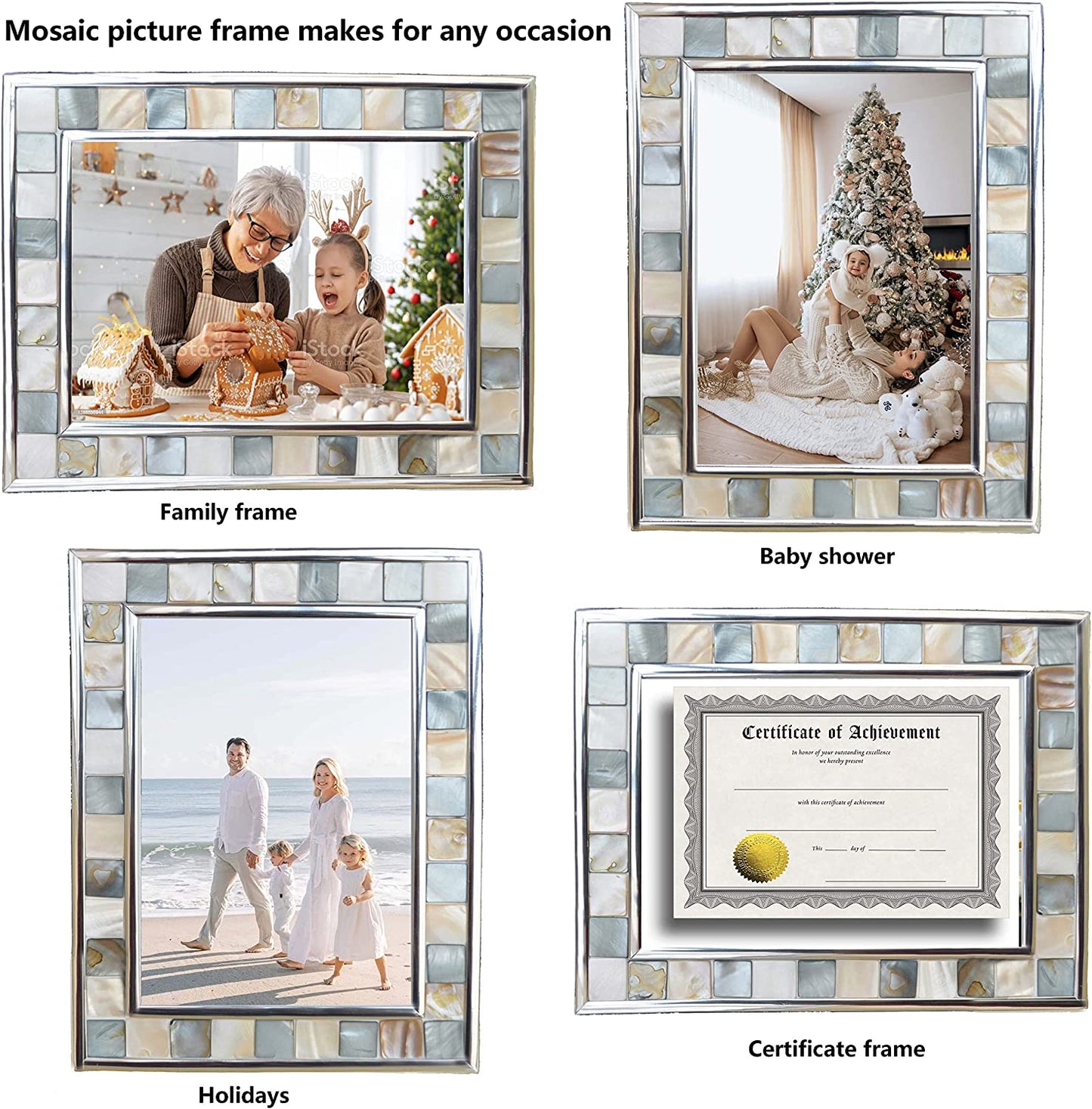 Silver Plate Grey Picture Frame 6X8 Mother of Pearl Wall Frame 6By8 Wedding Photo Frame Mosaic Glass Tabletop Picture Frame (Grey+ White,1Pc)