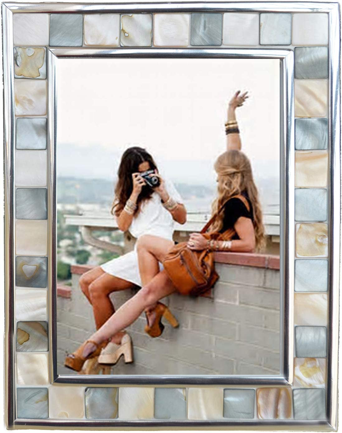 Silver Plate Grey Picture Frame 6X8 Mother of Pearl Wall Frame 6By8 Wedding Photo Frame Mosaic Glass Tabletop Picture Frame (Grey+ White,1Pc)