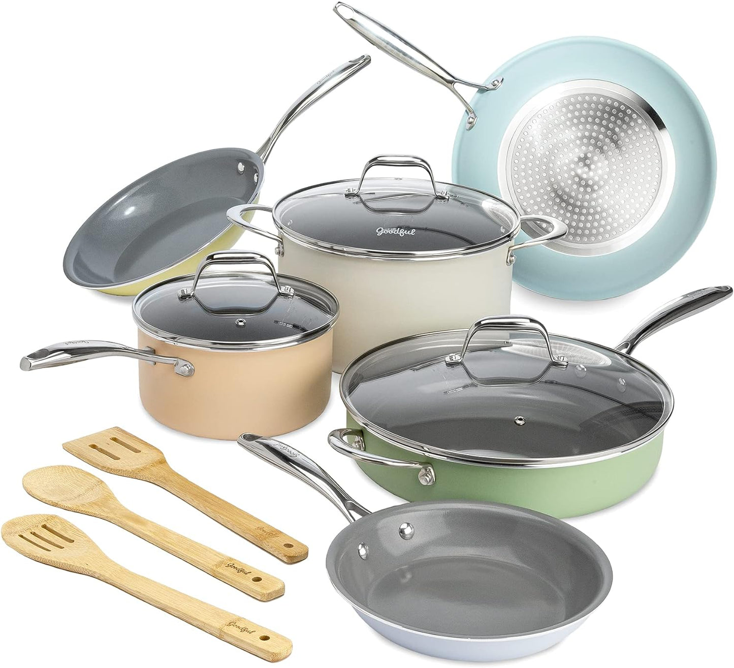 Ceramic Nonstick Pots and Pans Set, Titanium-Reinforced Premium Nonstick Coating, Dishwasher Safe Pots and Pans, Tempered Glass Steam Vented Lids, Stainless Steel Handles, 12-Piece, Mulitcolor