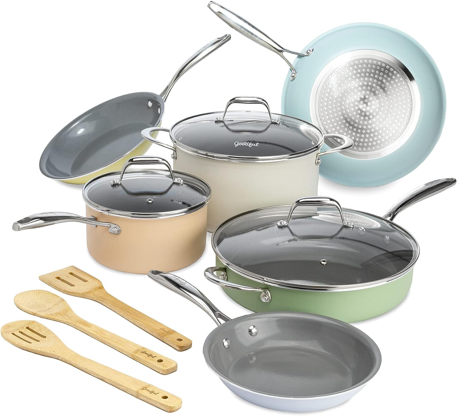 Ceramic Nonstick Pots and Pans Set, Titanium-Reinforced Premium Nonstick Coating, Dishwasher Safe Pots and Pans, Tempered Glass Steam Vented Lids, Stainless Steel Handles, 12-Piece, Mulitcolor
