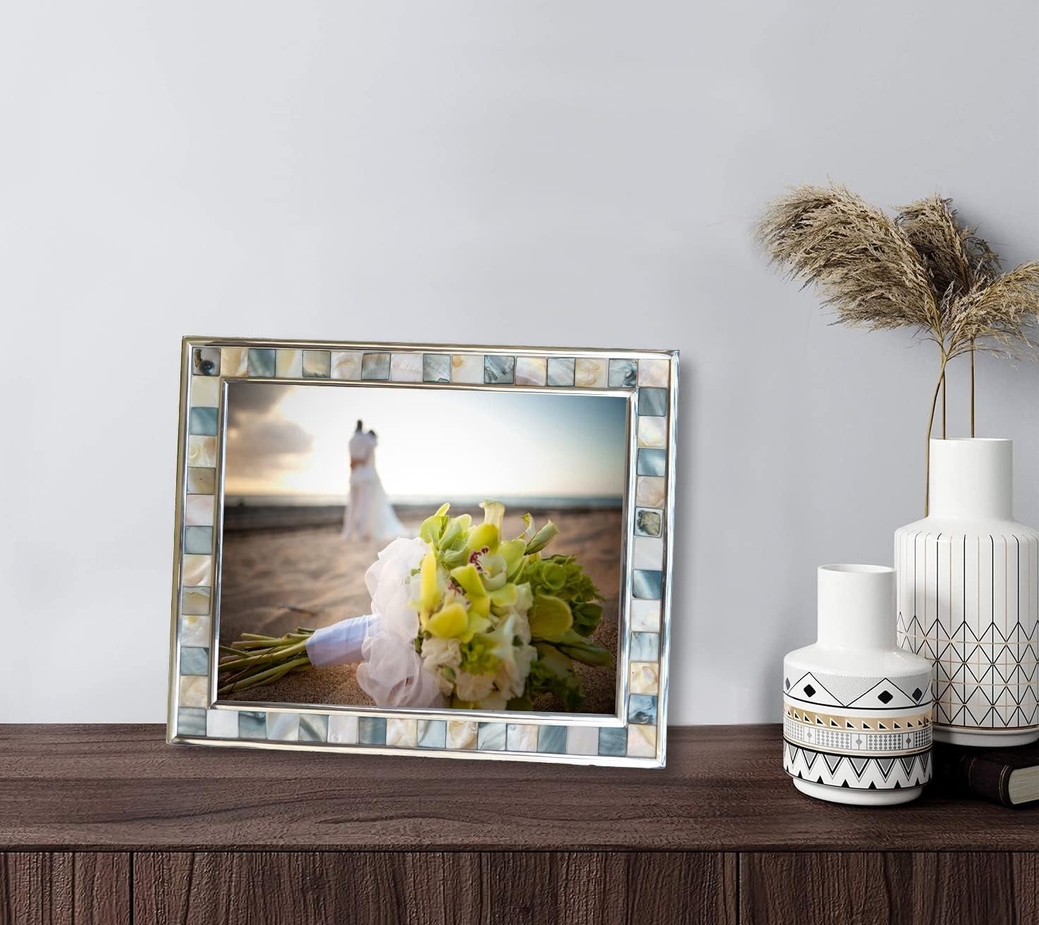 Silver Plate Grey Picture Frame 6X8 Mother of Pearl Wall Frame 6By8 Wedding Photo Frame Mosaic Glass Tabletop Picture Frame (Grey+ White,1Pc)