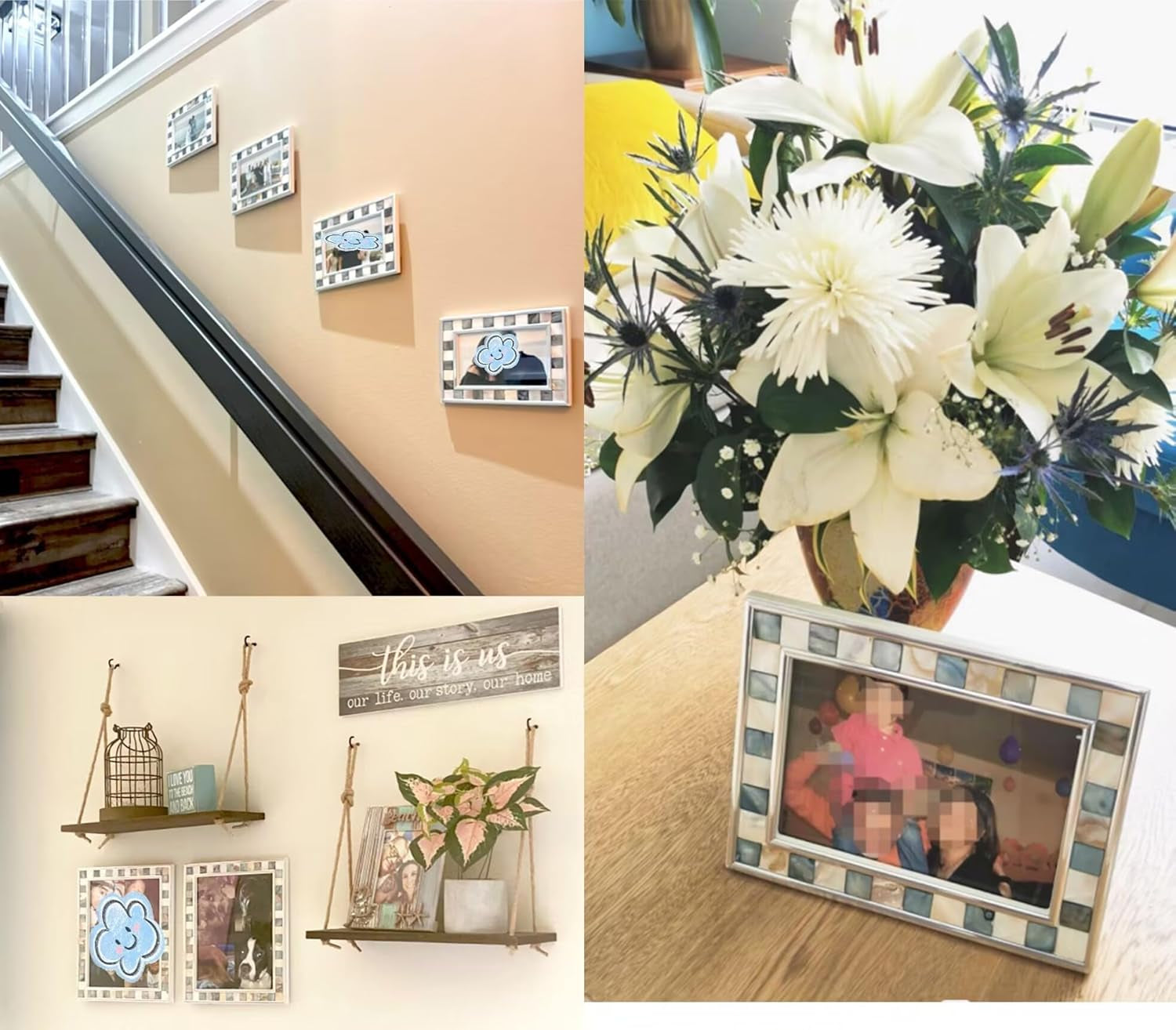 Silver Plate Grey Picture Frame 6X8 Mother of Pearl Wall Frame 6By8 Wedding Photo Frame Mosaic Glass Tabletop Picture Frame (Grey+ White,1Pc)