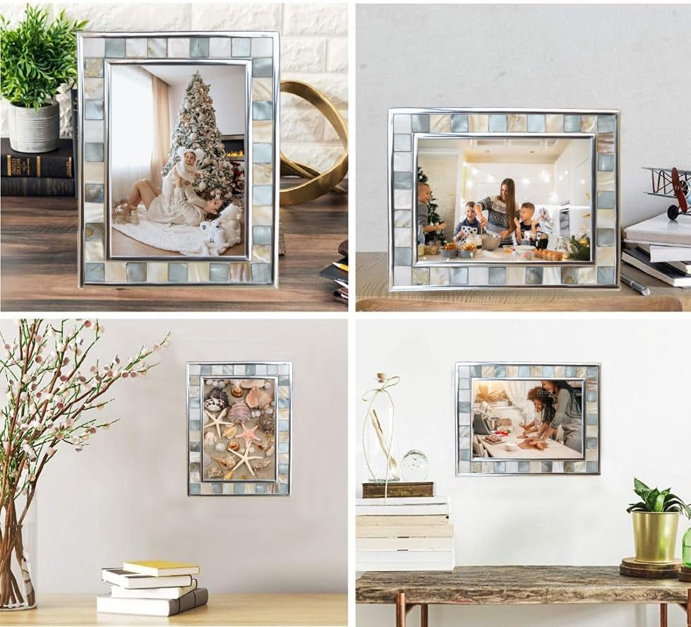 Silver Plate Grey Picture Frame 6X8 Mother of Pearl Wall Frame 6By8 Wedding Photo Frame Mosaic Glass Tabletop Picture Frame (Grey+ White,1Pc)