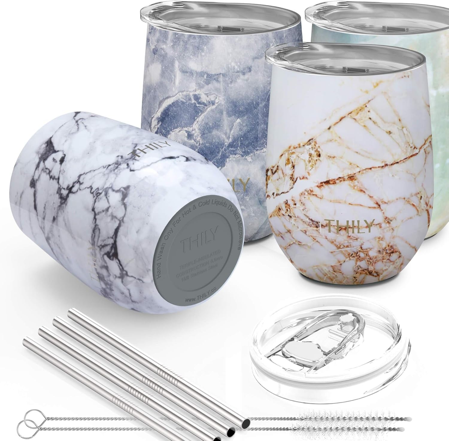 Stainless Steel Stemless Wine Tumbler 4 Pack Vacuum Insulated Travel Wine Glasses with Sliding Lids and Straws, 12 Oz, Keep Cold for Juice, Coffee, Beer, 4 Different Marbles Set