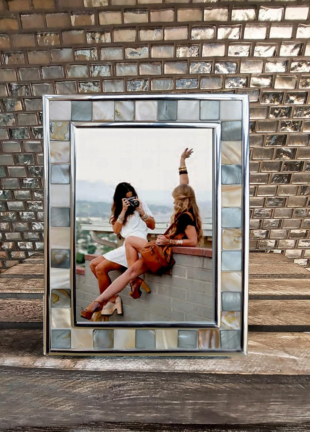 Silver Plate Grey Picture Frame 6X8 Mother of Pearl Wall Frame 6By8 Wedding Photo Frame Mosaic Glass Tabletop Picture Frame (Grey+ White,1Pc)