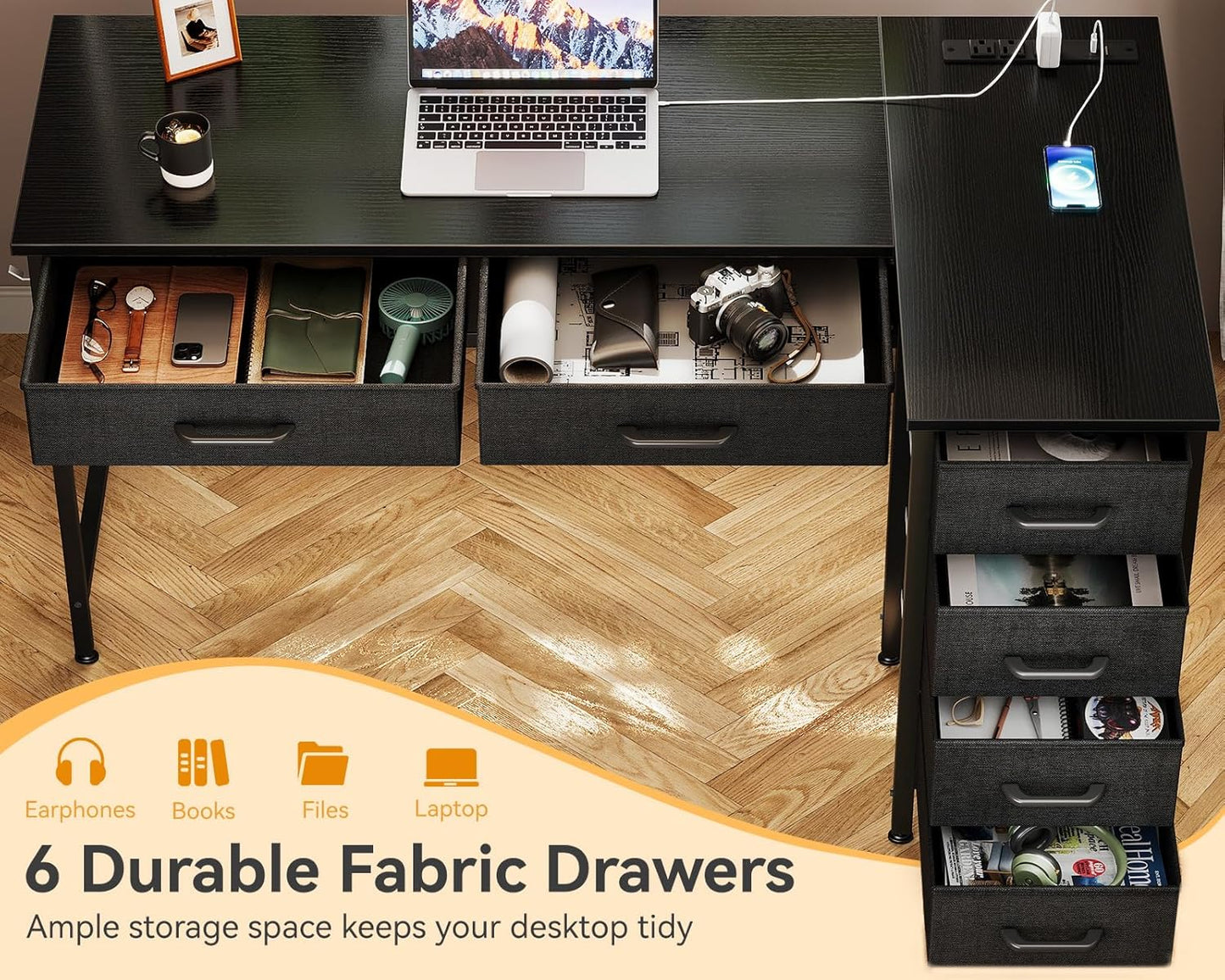 50 Inch L Shaped Desk with Drawers, Computer Desk with Power Outlets, Home Office Desk with 6 Drawers, Reversible Corner Desk for Small Space, Study Work Table with Hook, Black