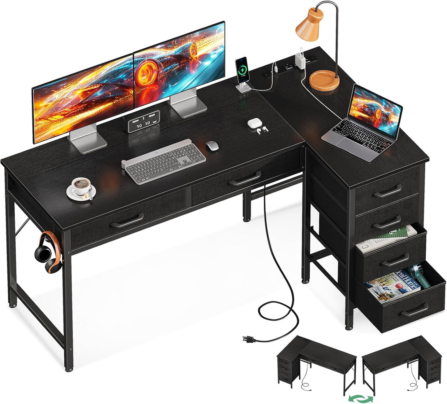 50 Inch L Shaped Desk with Drawers, Computer Desk with Power Outlets, Home Office Desk with 6 Drawers, Reversible Corner Desk for Small Space, Study Work Table with Hook, Black