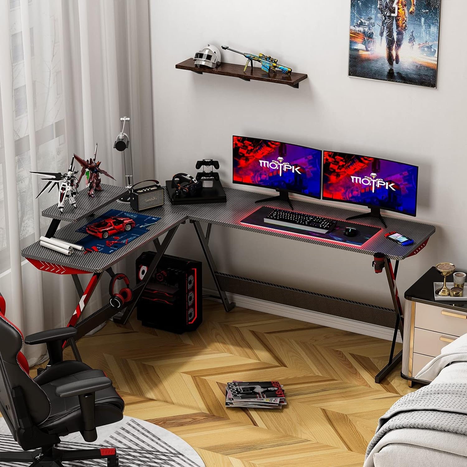 L Shaped Gaming Desk, 66 Inch Gaming Table with Carbon Fiber Texture, Corner Gaming Desk with Monitor Shelf, Cup Holder & Headphone Hook, PC Computer Desk for Gamer, Black