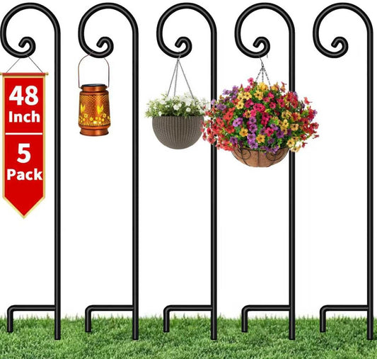 Shepherd Hook 48 Inch 5 Pack One Piece Structure No Assembly Required 2/5 Inch Heavy Duty Solid Metal Shepards for Garden Outdoor Plants Lantern Mason Jar Wind Chimes Wedding Small SH48