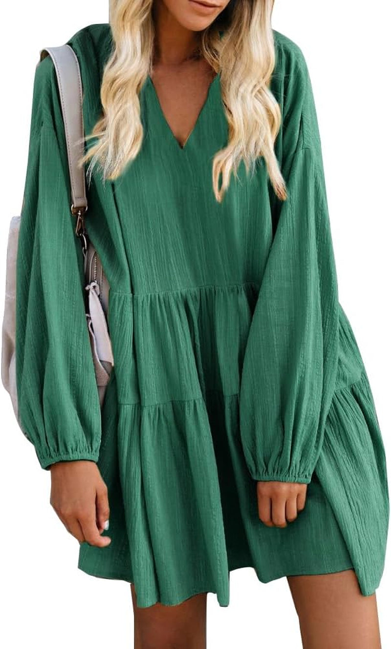 Cute Shift Tunic Dress for Women Ruffle Swing Babydoll Mini Long Sleevee Dress with Pockets