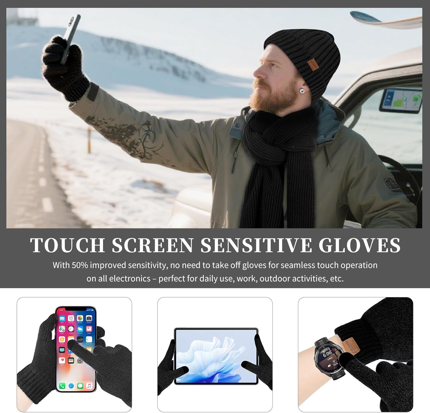 Winter Hats Scarf for Men with Touchscreen Gloves Men'S Scaves and Beanie Hat Themal Glove Set for Men Women