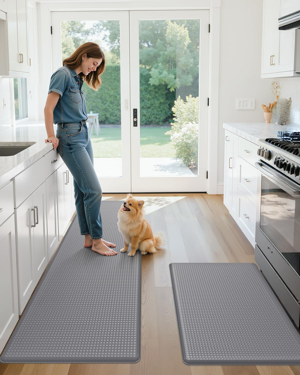 anti Fatigue Cushion Padded Kitchen Mat for Floor - 17X29+17X59,Easy Clean, Waterproof & Oil Proof, anti Slip, Foam Rubber Runner Rug for Front Sink Comfort Standing, Grey Set of 2