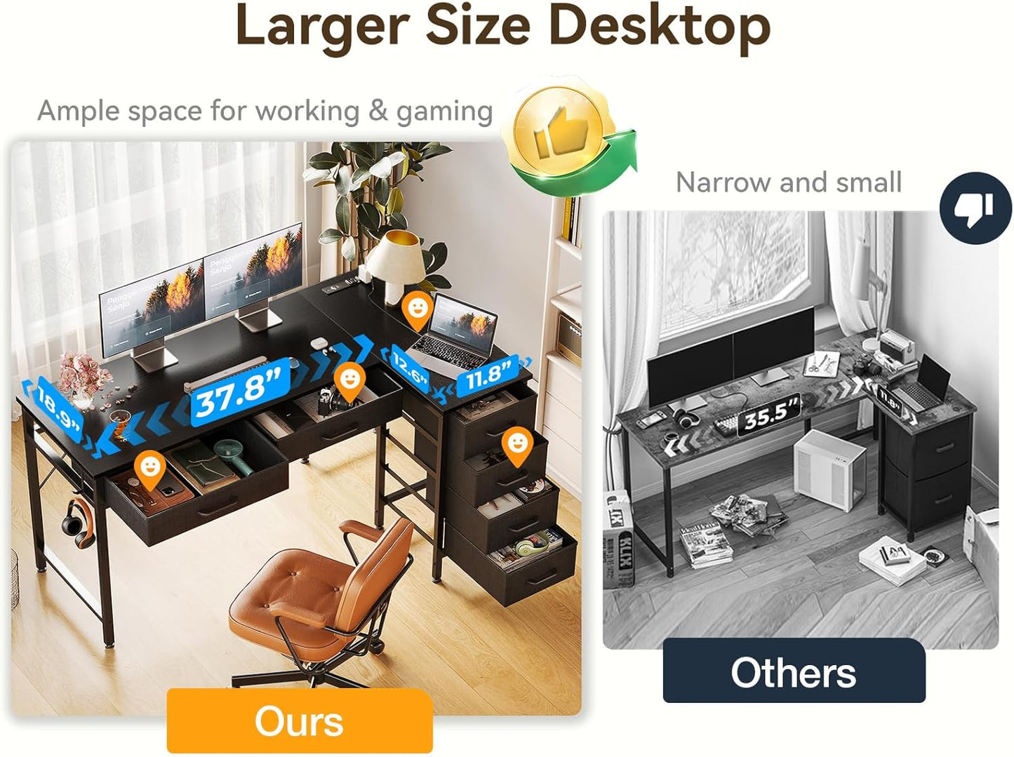 50 Inch L Shaped Desk with Drawers, Computer Desk with Power Outlets, Home Office Desk with 6 Drawers, Reversible Corner Desk for Small Space, Study Work Table with Hook, Black