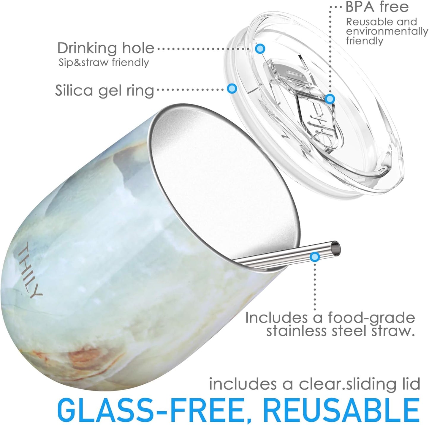 Stainless Steel Stemless Wine Tumbler 4 Pack Vacuum Insulated Travel Wine Glasses with Sliding Lids and Straws, 12 Oz, Keep Cold for Juice, Coffee, Beer, 4 Different Marbles Set